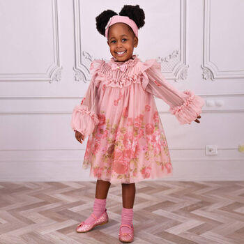 Girls Pink Floral Ruffled Tulle Dress