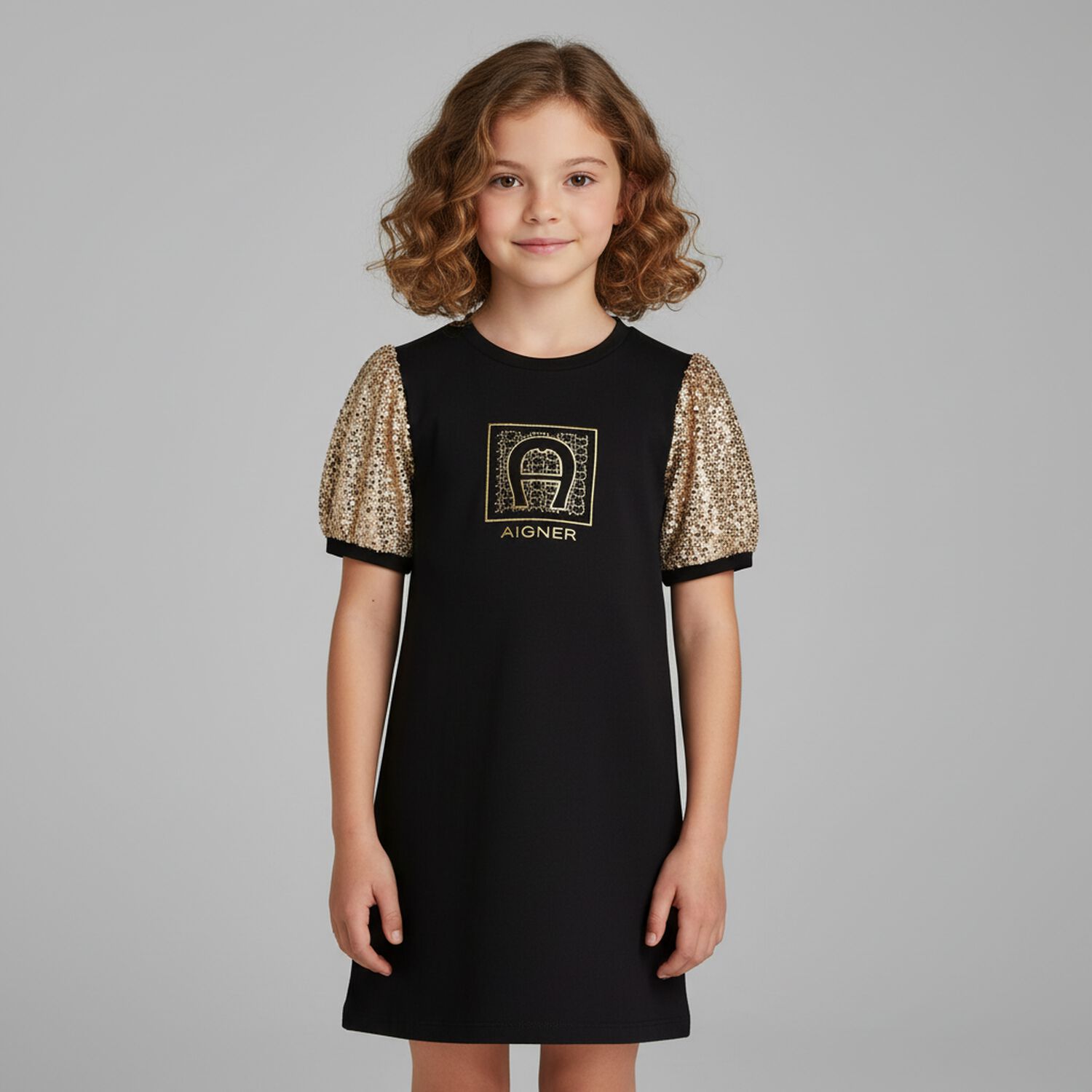 Girls Black & Gold Logo Dress, 1, hi-res
