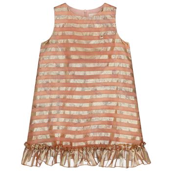 Girls Beige & Gold Striped Dress