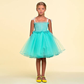 Girls Green Ruffled Tulle Dress