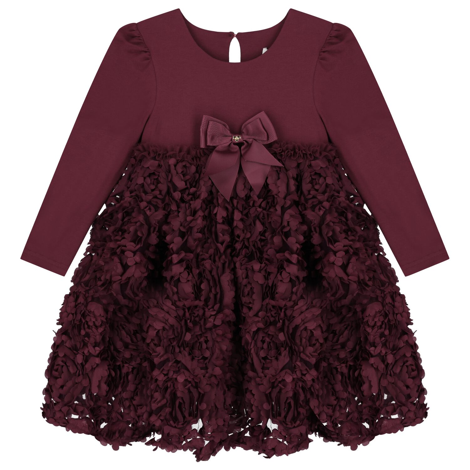 Girls Burgundy Red Tulle Roses Dress, 1, hi-res