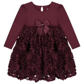 Girls Burgundy Red Tulle Roses Dress