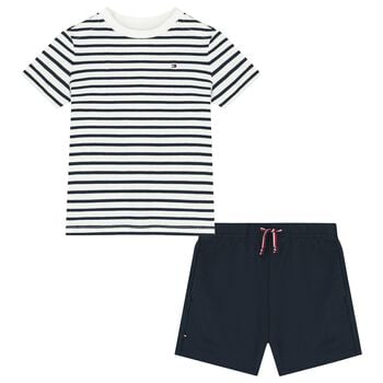 Baby Boys White & Navy Blue Striped Shorts Set