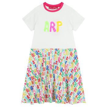 فستان بنات بشعار باللون الأبيض والوردي