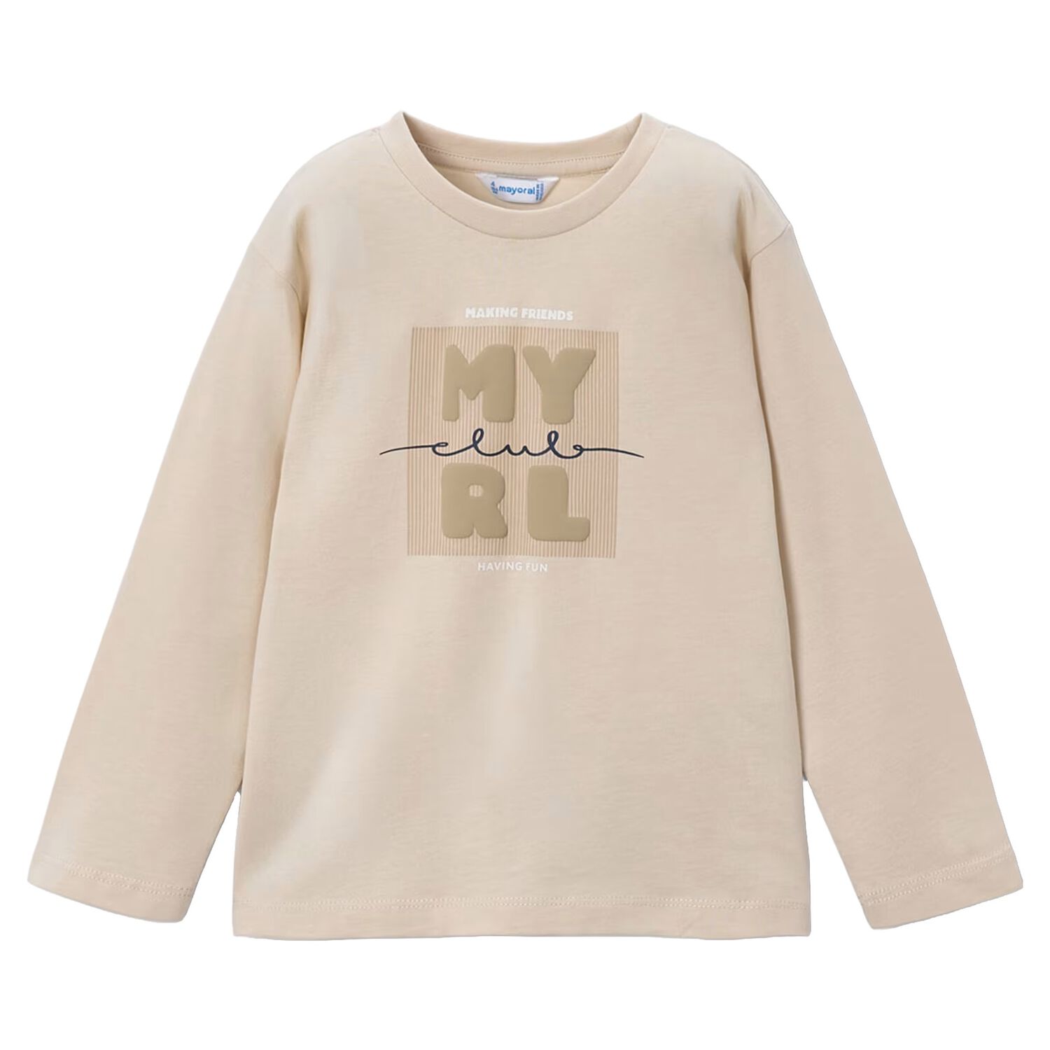 Boys Beige Logo Long Sleeve Top, 1, hi-res