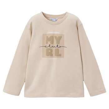 Boys Beige Logo Long Sleeve Top