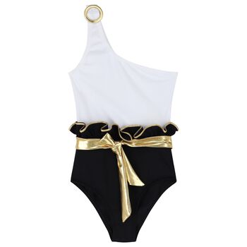 Girls White & Black Ruffled Swimsuit