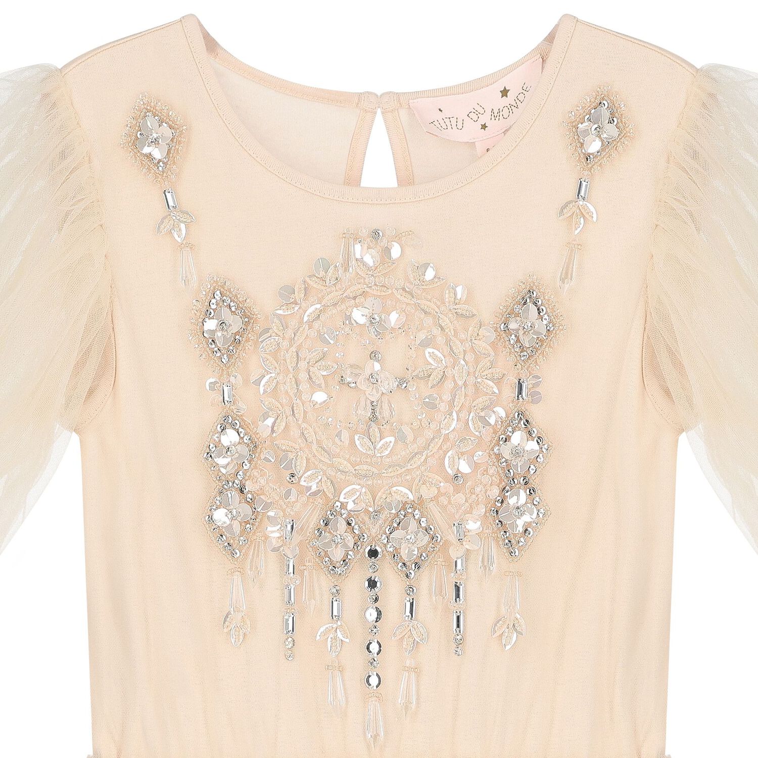 Girls Beige Embellished Tulle Dress, 1, hi-res image number null