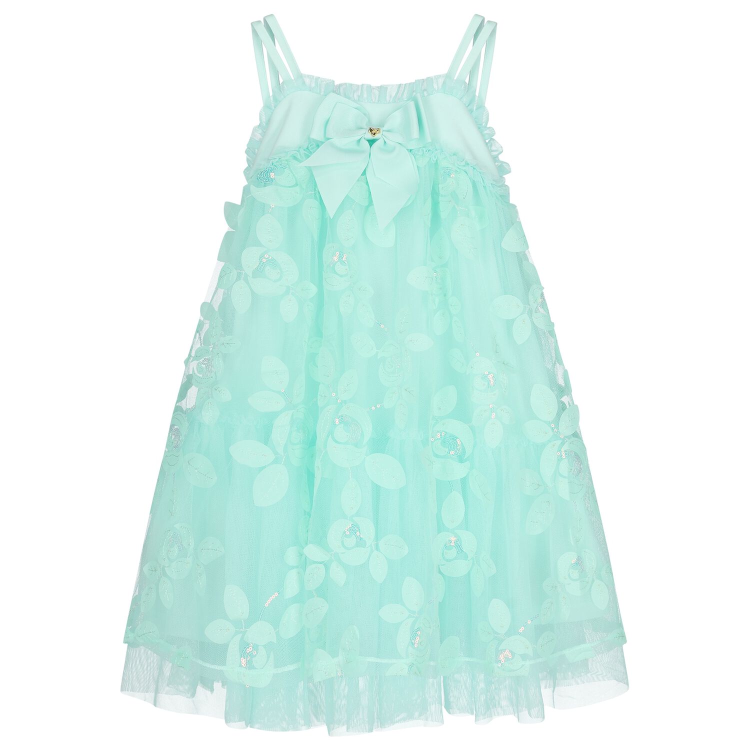 Girls Green Appliqued Tulle Dress, 1, hi-res