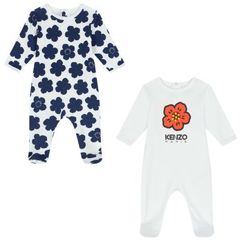 White & Navy Boke Flower Babygrows ( 2 Pack )