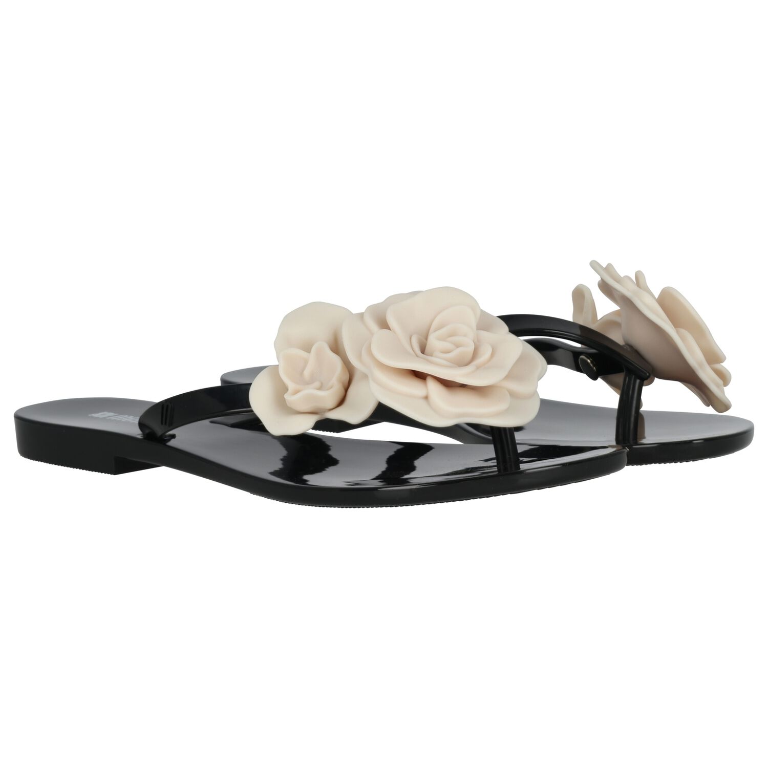 Girls Black & Beige Logo Flower Flip Flops, 2, hi-res