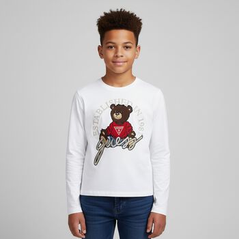 Boys White Teddy Bear Logo Long Sleeve Top
