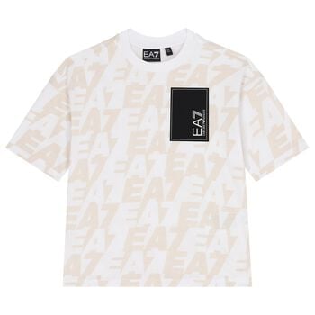 Boys White & Beige Logo T-Shirt