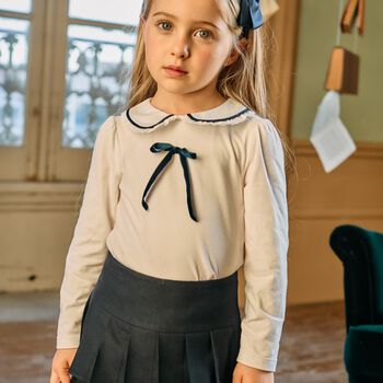 Girls White Bow Long Sleeve Top