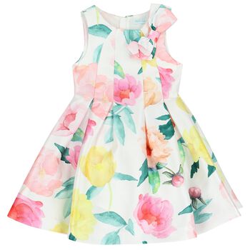 Girls White Floral Satin Dress