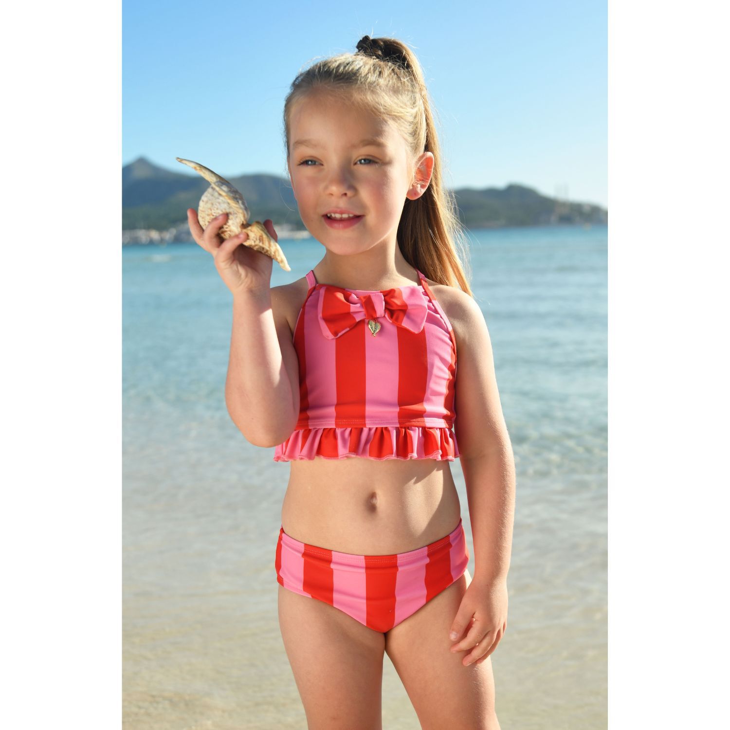 Girls Pink & Red Striped Bikini, 1, hi-res image number null