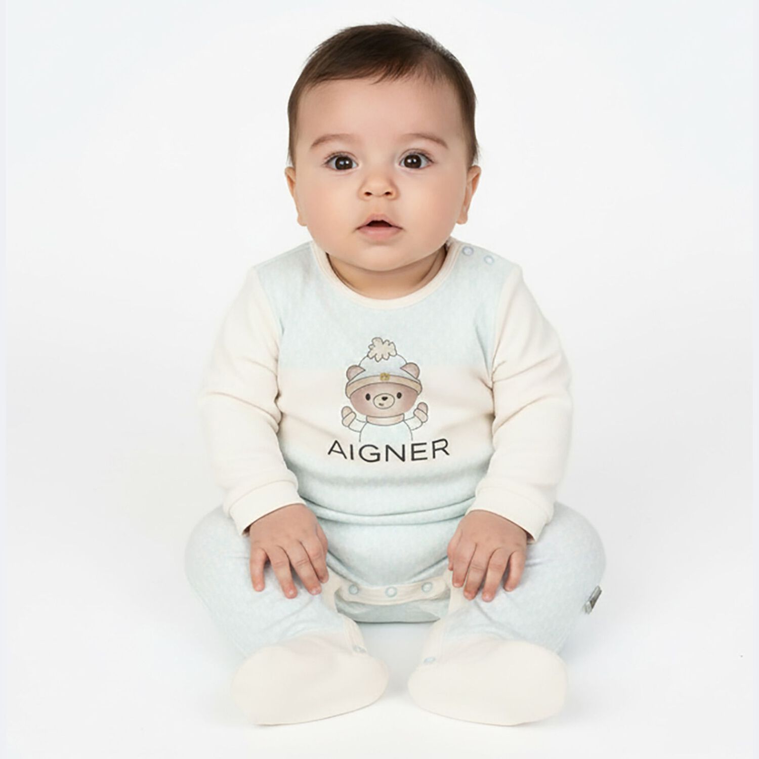 Baby Boys Ivory & Blue Teddy Bear Logo Babygrow, 2, hi-res