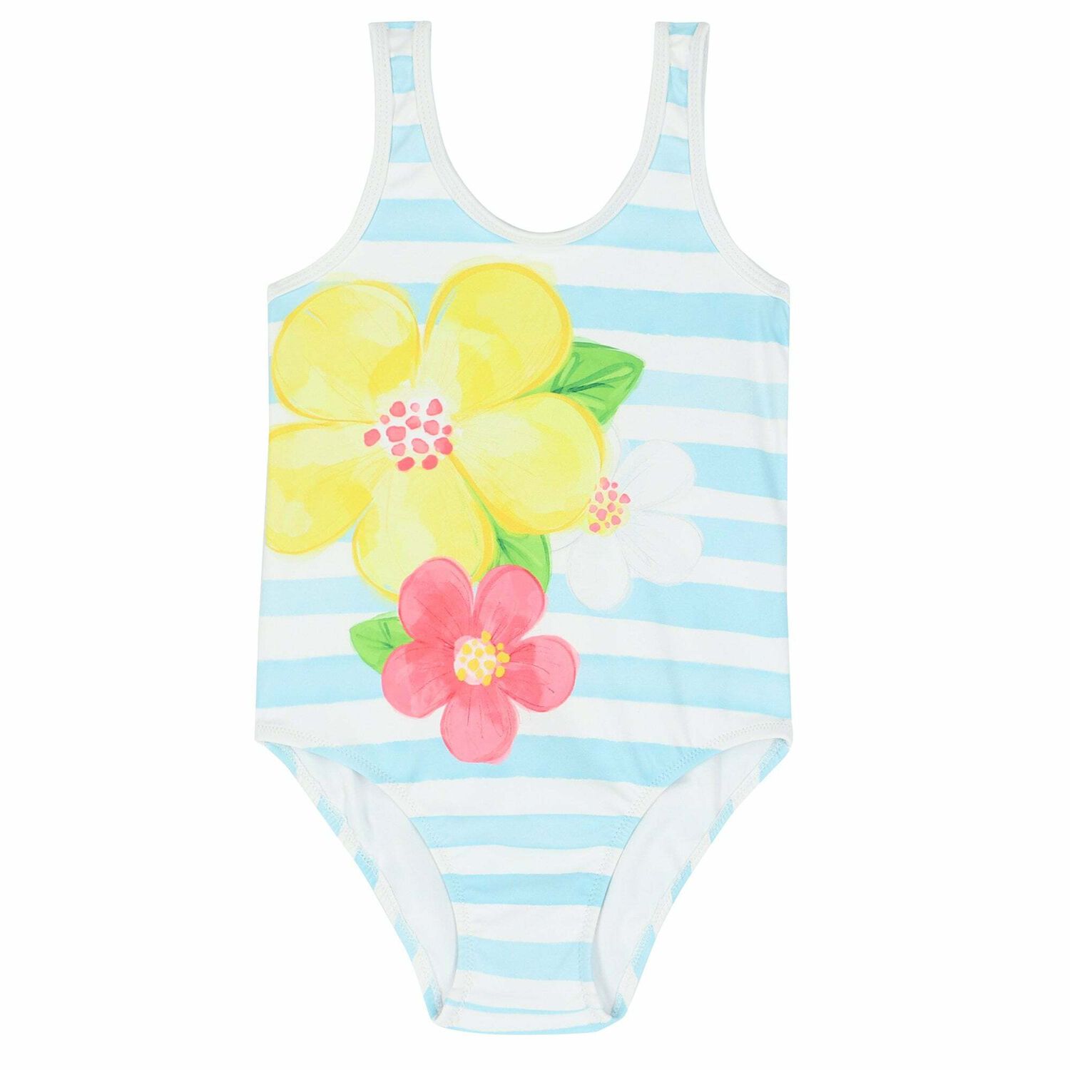 Girls White & Blue Floral Swimsuit, 2, hi-res