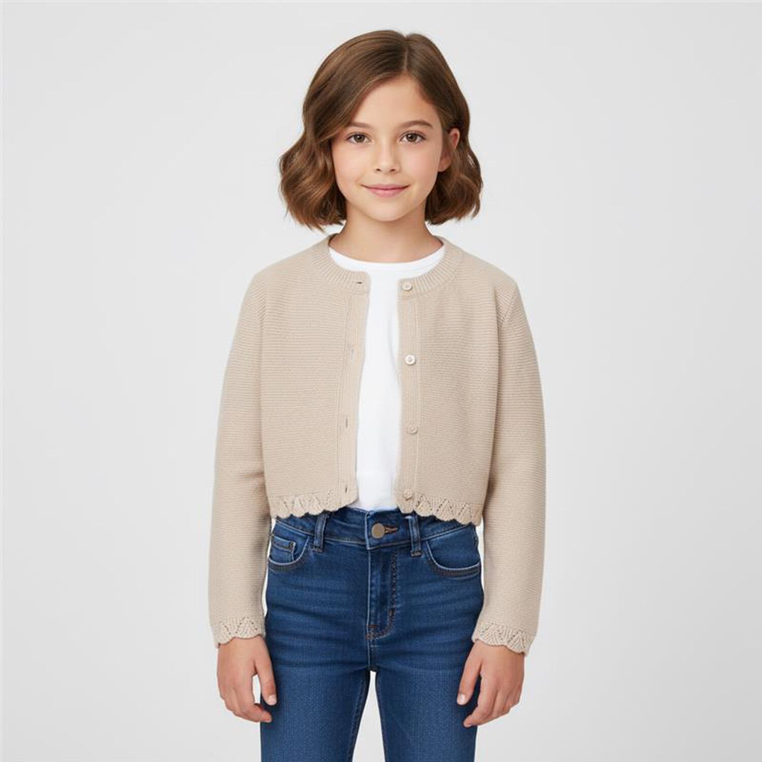 Girls Beige Knitted Cardigan, 3, hi-res image number null