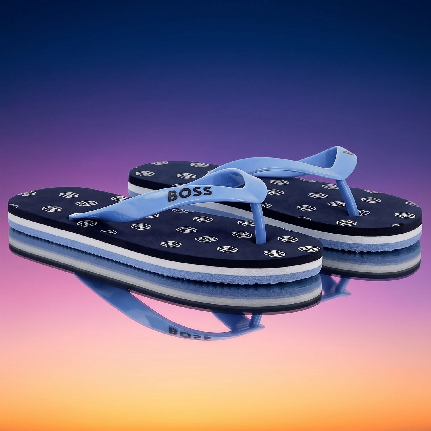 Boys Navy Blue Logo Flip Flops, 1, hi-res