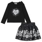 Girls Black Embellished Floral Skirt Set, 2, hi-res
