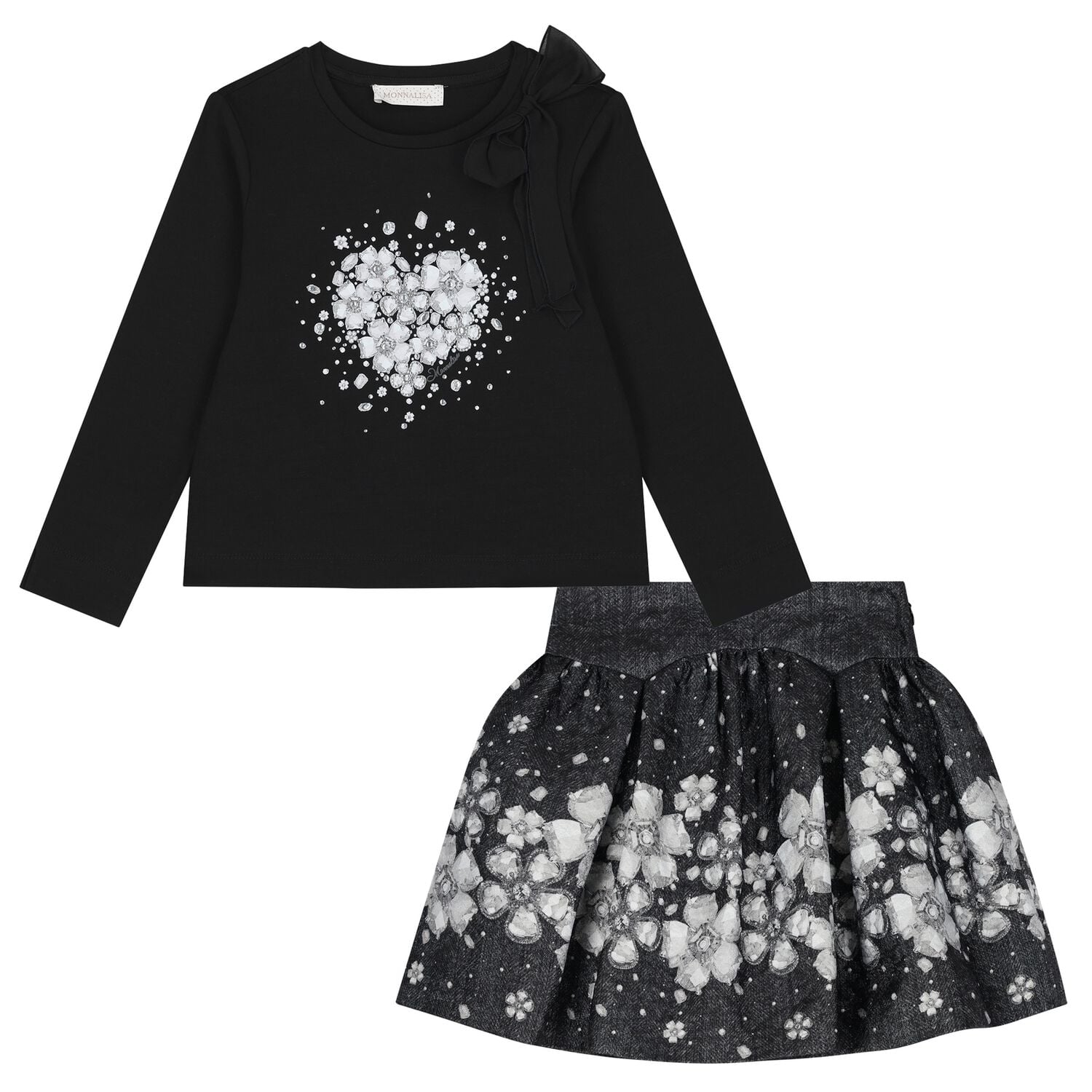 Girls Black Embellished Floral Skirt Set, 2, hi-res
