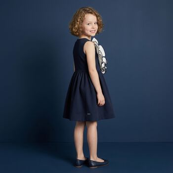 Girls Navy Blue & White Ruffled Dress
