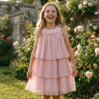 Girls Pink Flower Tiered Dress