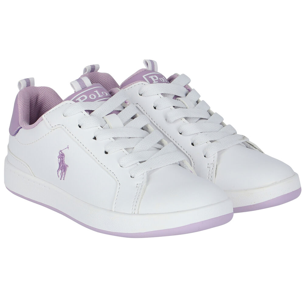 Ralph Lauren Girls White & Purple Logo Trainers | Junior USA