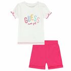 Younger Girls White & Pink Shorts Set, 1, hi-res