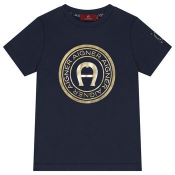 Aigner Boys Navy Blue & Gold Logo T-Shirt, 2 Boys Navy Blue & Gold Logo T-Shirt
