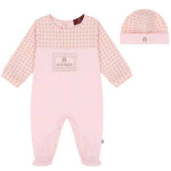 Girls Pink, Ivory & Gold Logo Babygrow & Hat Set