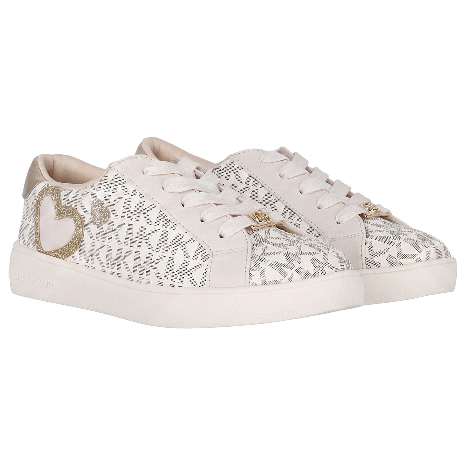 Girls Ivory & Gold Logo Trainers, 1, hi-res
