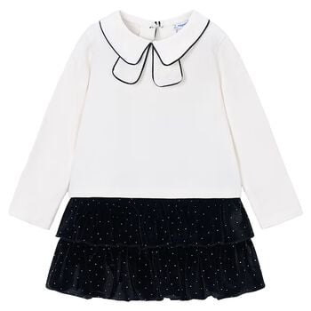 Girls White & Black Velvet Skirt Set