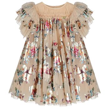 Girls Beige Tulle Flowers Dress