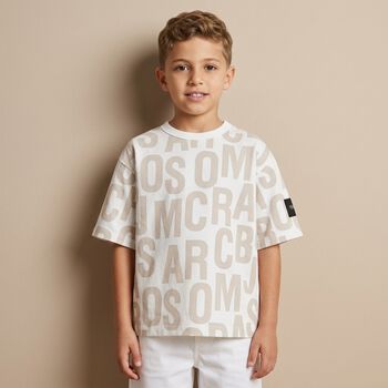 Boys White & Beige Logo T-Shirt