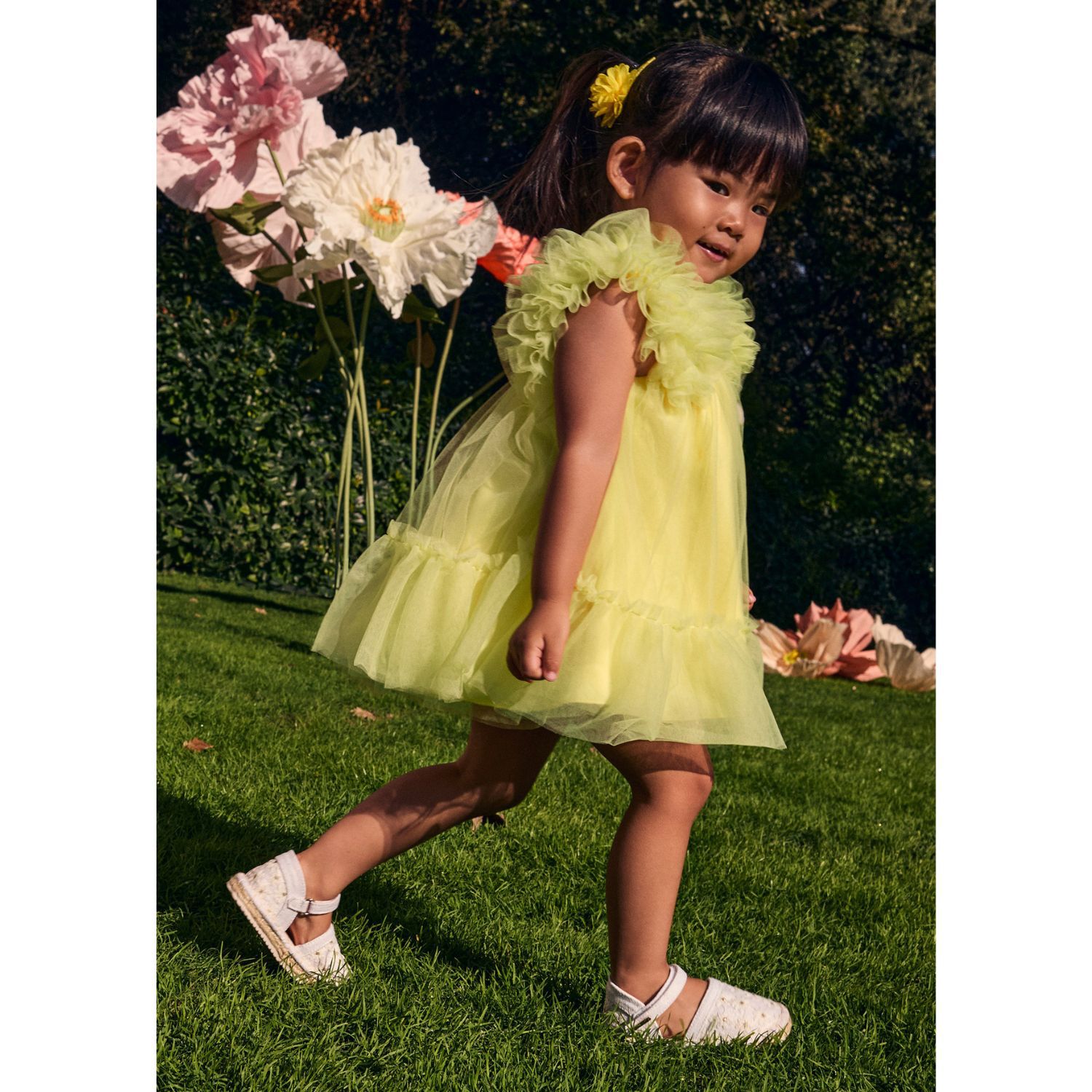 Younger Girls Yellow Ruffled Tulle Dress, 2, hi-res image number null