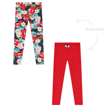 Girls Navy Blue & Red Floral Reversible Leggings