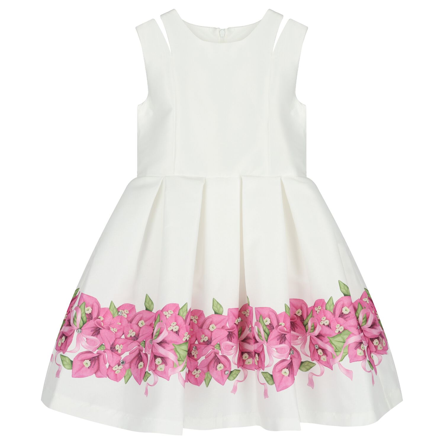 Girls White Floral Pleated Dress , 1, hi-res