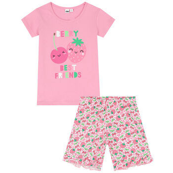 Girls Pink & White Strawberry Shorts Set