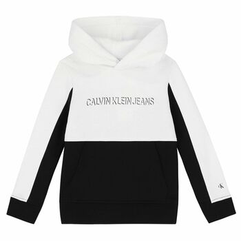 Boys White & Black Logo Hooded Top