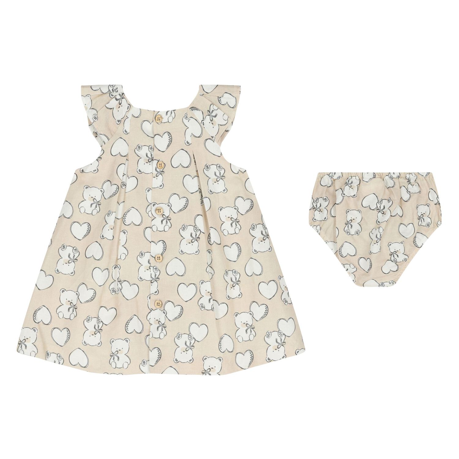 Baby Girls Beige Heart & Bear Dress Set, 1, hi-res