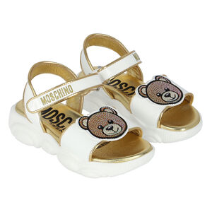 Girls White & Gold Teddy Logo Sandals