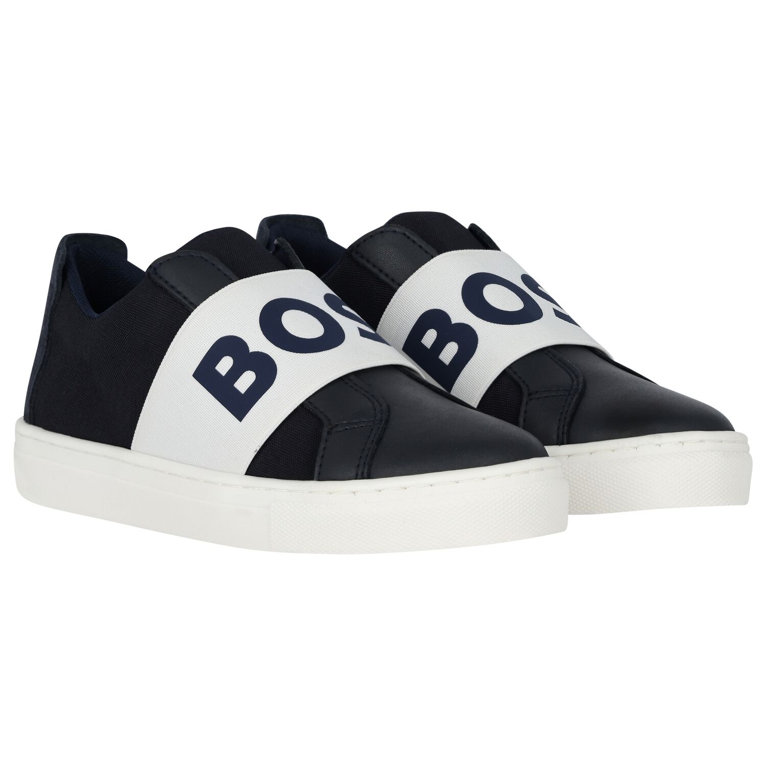 Boys Navy Blue Leather Trainers, 1, hi-res