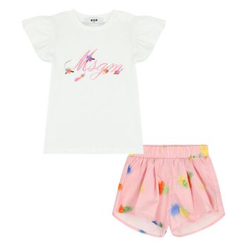 Younger Girls White & Pink Logo Shorts Set