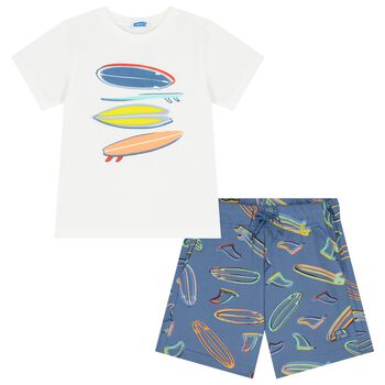 Boys White & Blue Surf Board Shorts Set