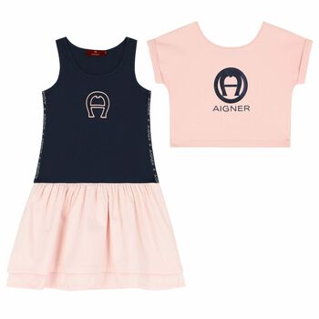 Girls Pink & Navy 2 Piece Dress Set