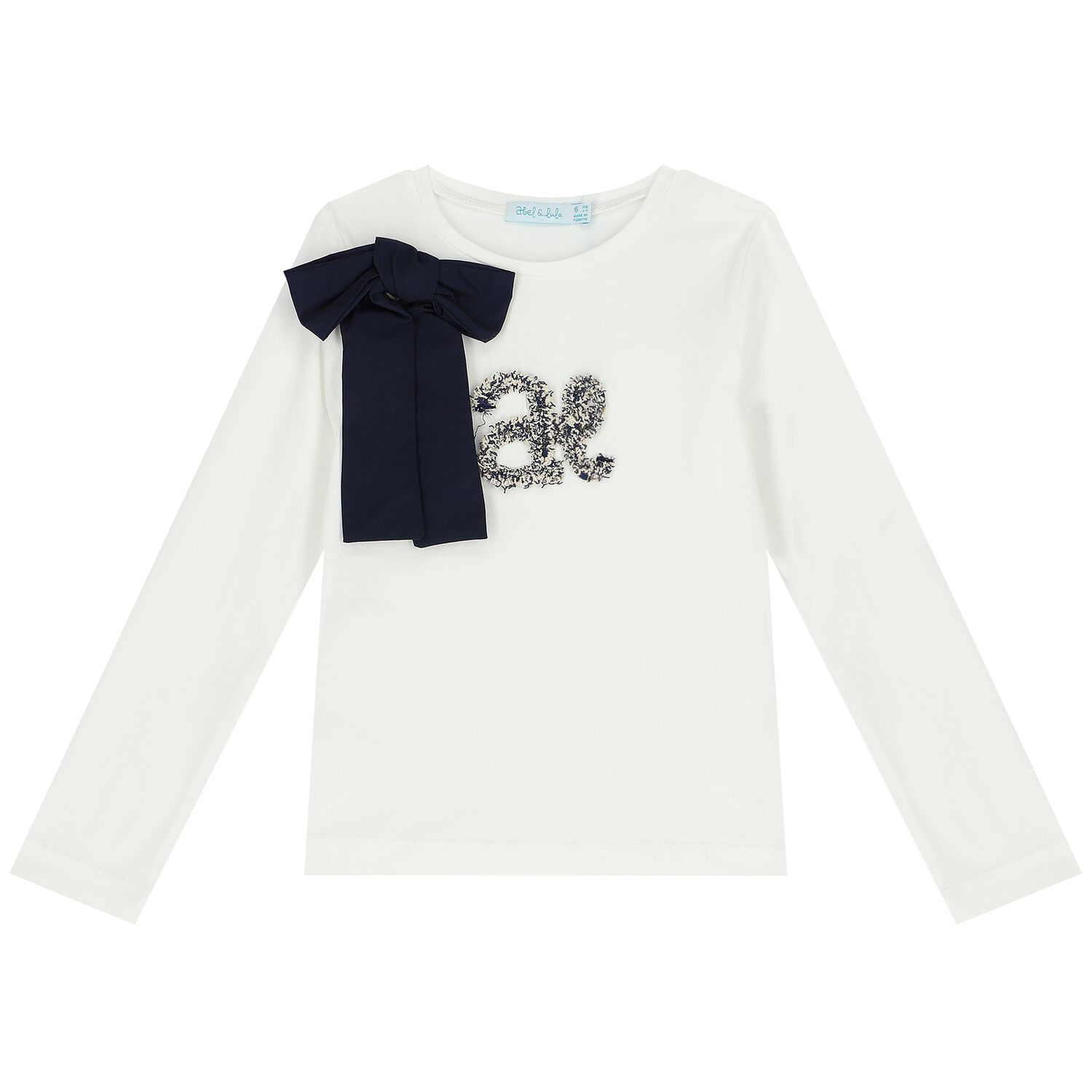 Girls Ivory & Navy Blue Bow Long Sleeve Top, 1, hi-res image number null