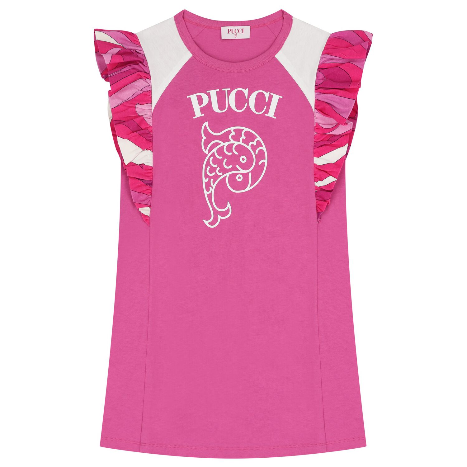 Girls Pink & White Logo Ruffled Dress, 2, hi-res