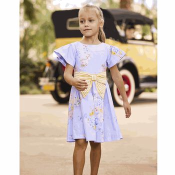 Girls Blue Floral & Bow Dress